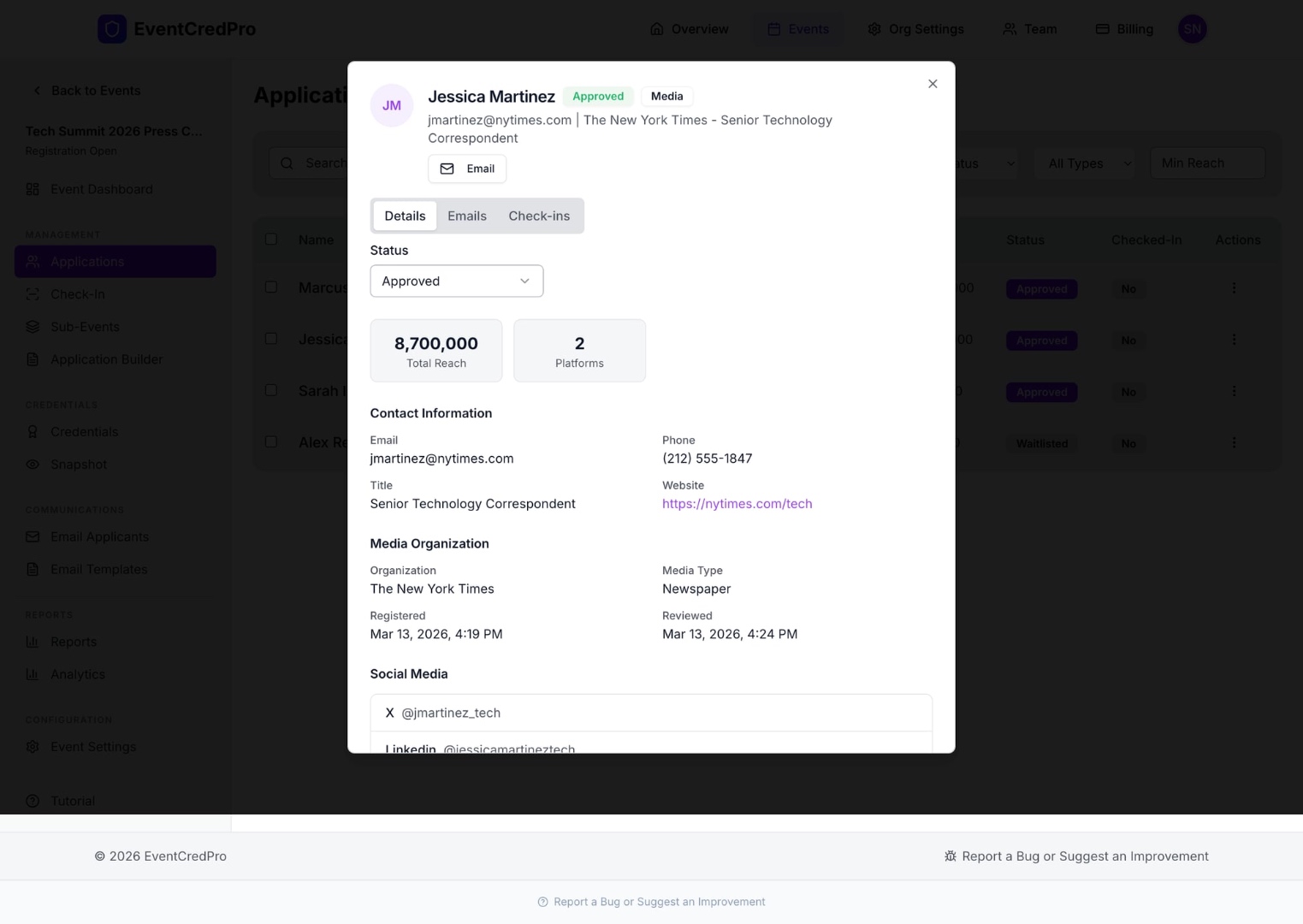 Application review modal showing applicant details, social media reach, and status controls