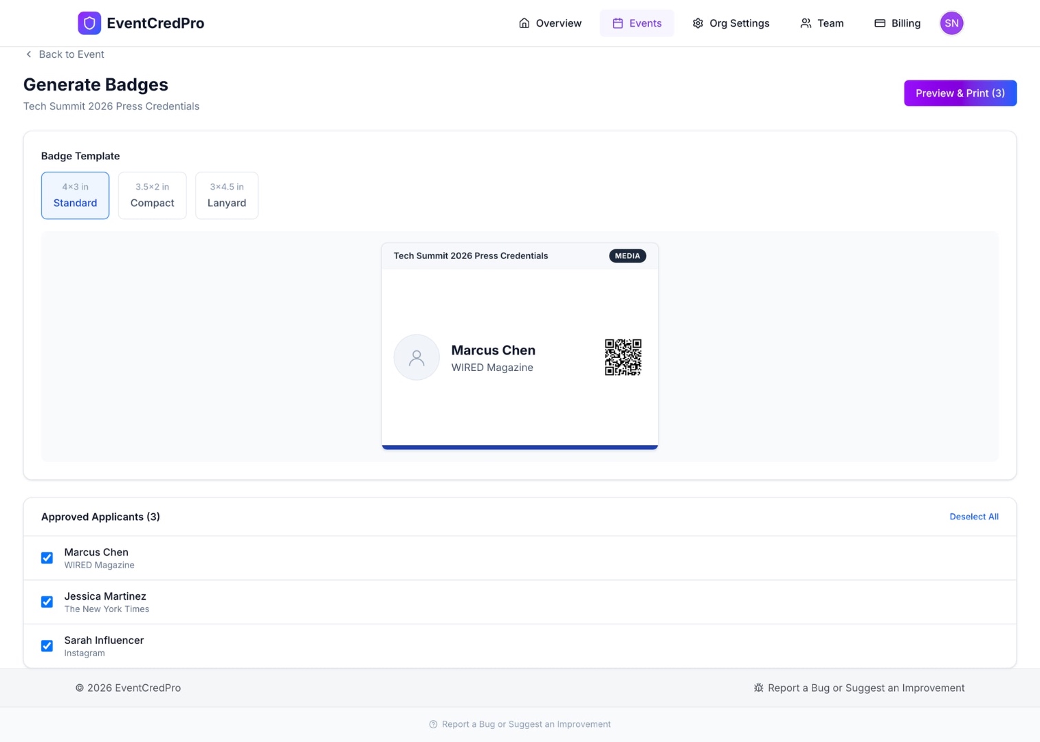 Badge generator with QR code preview, template sizes, and approved applicant list