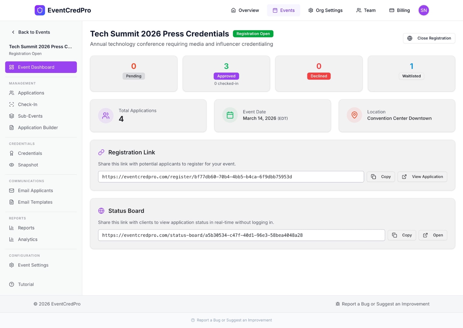 Event Credentialing Pro event dashboard showing application status, event details, and sharing links